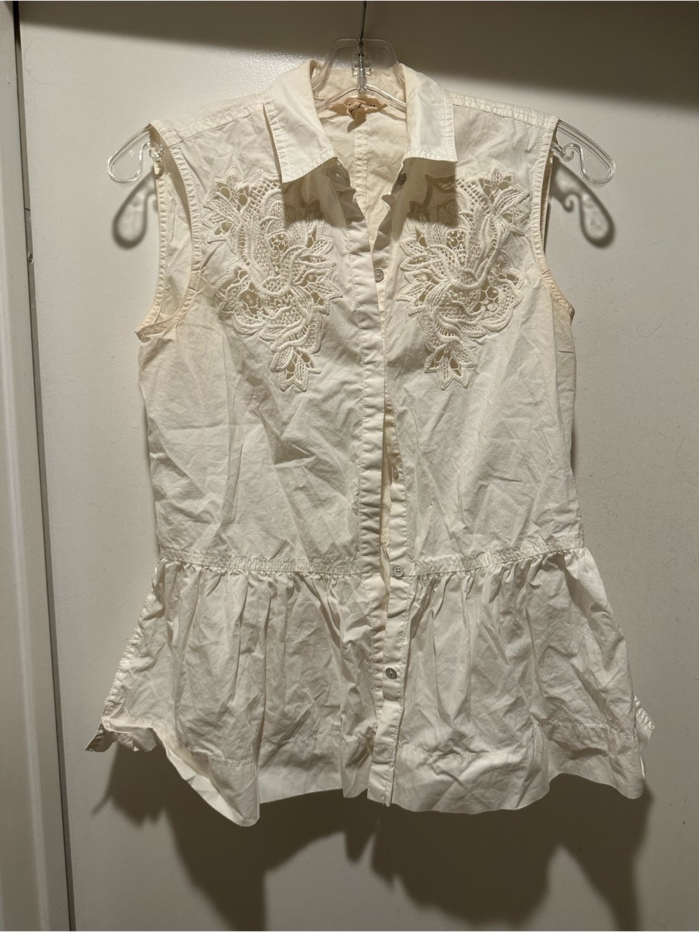 Rebecca Taylor Cream Sleeveless Embroidered Button-Down Peplum Top Size 0